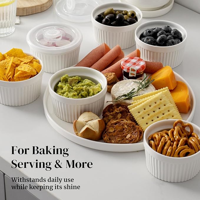 DOWAN Ramekins 8 oz Oven Safe with Lids, Creme Brulee Ramekins Bowls, Porcelain Ramiken Souffle Dishes, Custard Cups for Baking, Small Bowls for Pudding Dip Sauces Dessert, White, Set of 6