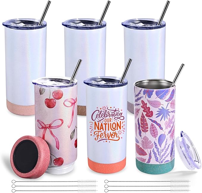 6 Pack 17 oz Insulated Sublimation Tumbler Bulk, Stainless Steel Double Wall Cups with Cork Silicone Base & Lid & Metal Straw, Glitter White