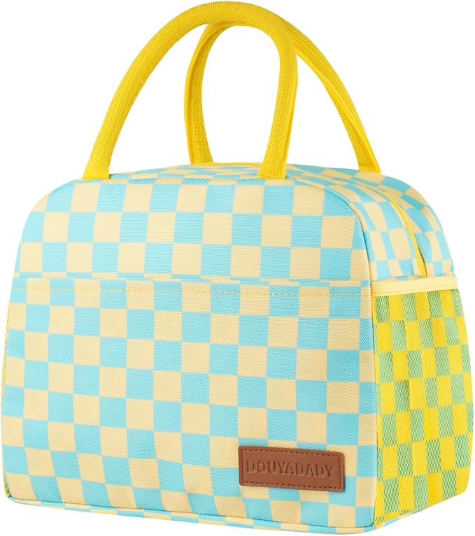 douyadady Lunch Bag Women/Men Lunch Box Women/Men (Yellow+Blue Checkerboard)
