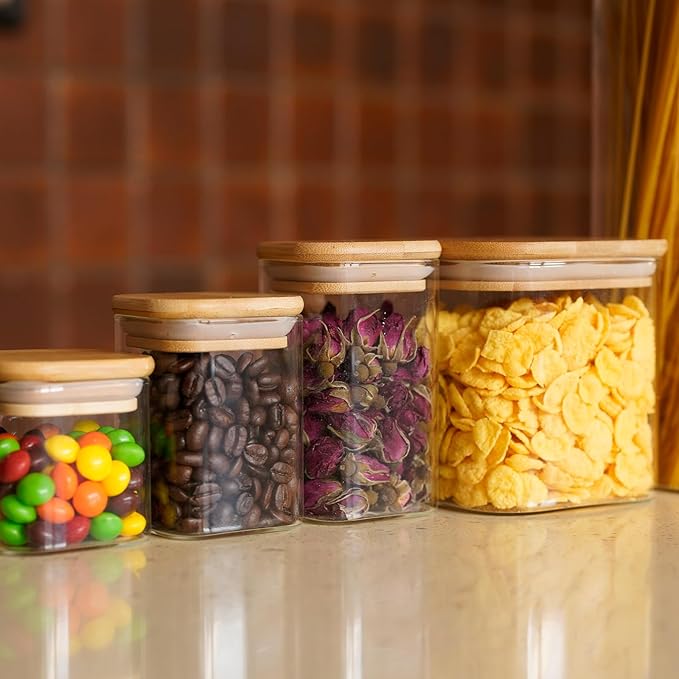 SHOWIN Glass Food Storage Jars Square 6oz, 16 Pack Glass Jars With Bamboo Lids, Kitchen Storage Containers For Spice, Candy, Cookie, Storage For Pantry Organizers