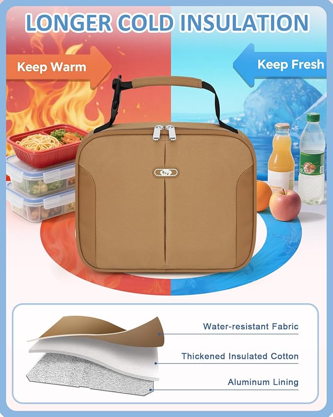Capolo Insulated Lunch Bag for Kids and Adults, Lunch Box for Men Women, Insulated Reusable Lunch Bag for Work and School, Portable Lunch Box Cooler Bag, Cute Easy to Clean Lunch Tote Meal Bag, khaki