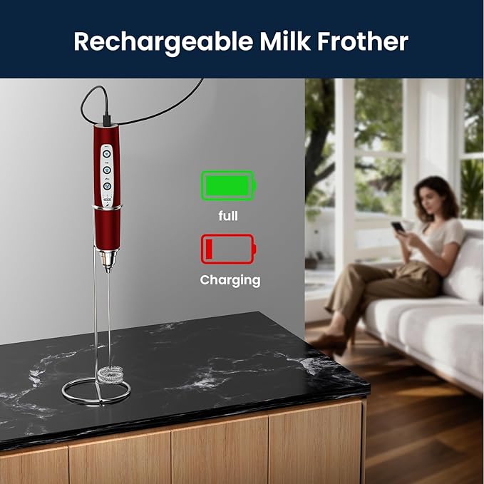 Sakgos Milk Frother with Stand Rechargeable-Handheld Frother Wand with 3 Stainless Whisks 3 Speed Adjustable, Electric Whisk Drink Mixer, Foam Maker Blender for Matcha Latte Cappuccino Chocolate