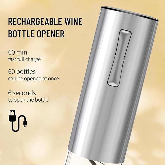 Electric Wine Opener Set - Automatic Rechargeable Corkscrew for Wine Bottles with Foil Cutter, Wine Aerator & Vacuum Stopper