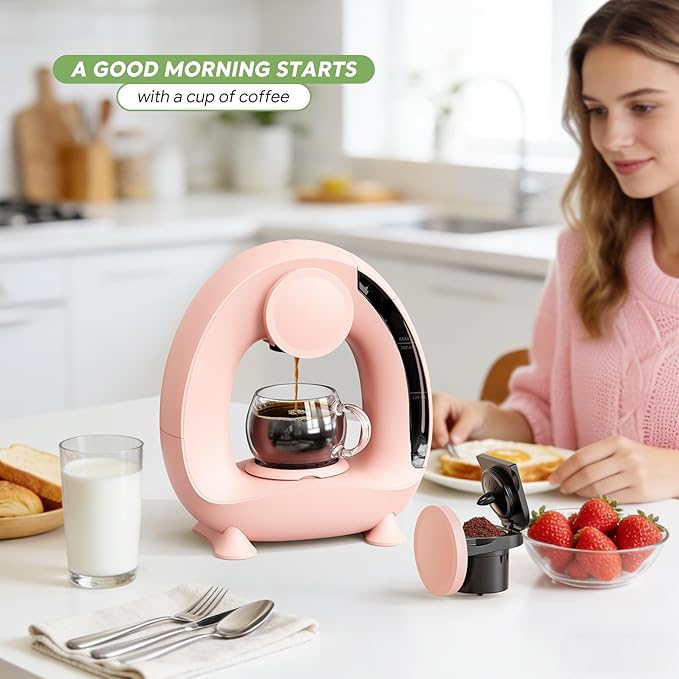 BENFUCHEN Pod and Grounds Single-Serve Coffee Maker, 2 in 1 One Cup Coffee Machine Compatible with K-Cup Pod & Coffee Grounds/Tea, Compact Design, 4-8oz, Pink