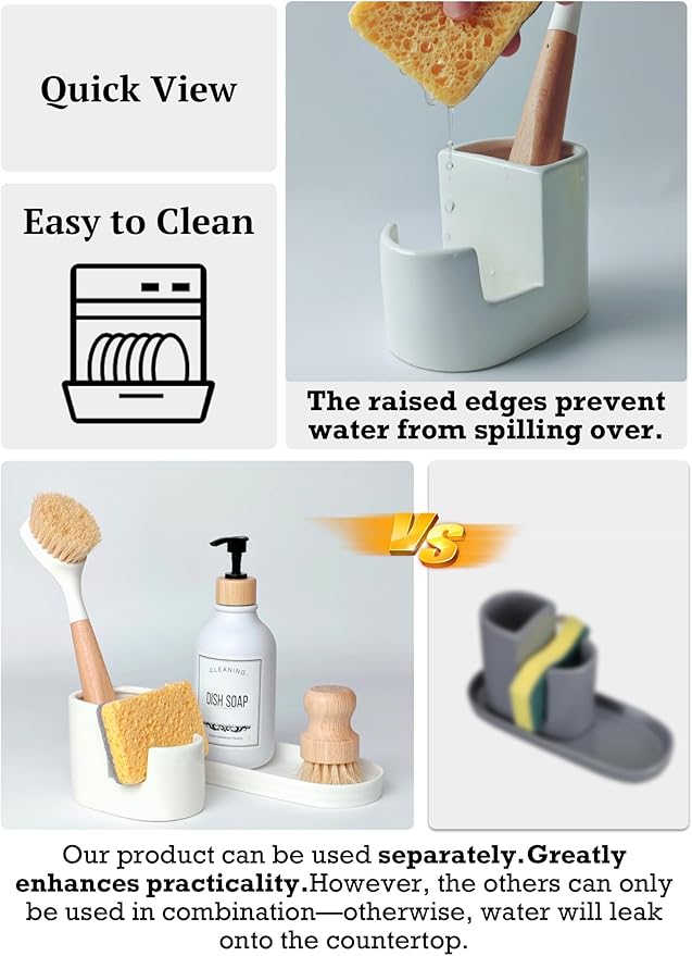 3 in 1 Ceramic Sponge&Brush Holder and Soap Tray Set, Leak-Proof Design to Keep Countertops Dry, Flexible Modular Placement, Modern Minimal Sink Organizer for Kitchen & Bathroom Countertop, White