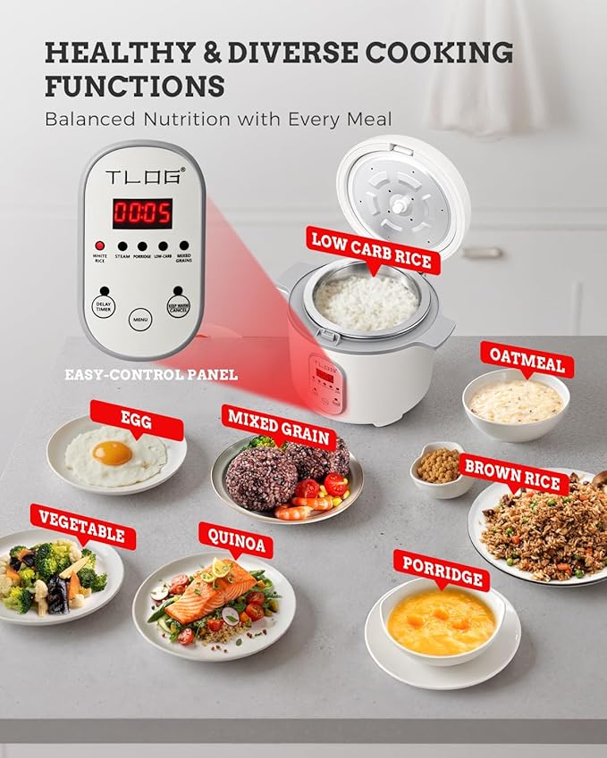 TLOG Low Carb Rice Cooker 2L(8 Cups Cooked), Low Sugar Healthy Rice Maker with 304 Stainless Steel Steamer Basket, 5 Cooking Presets, 24H Timer & Keep Warm Function