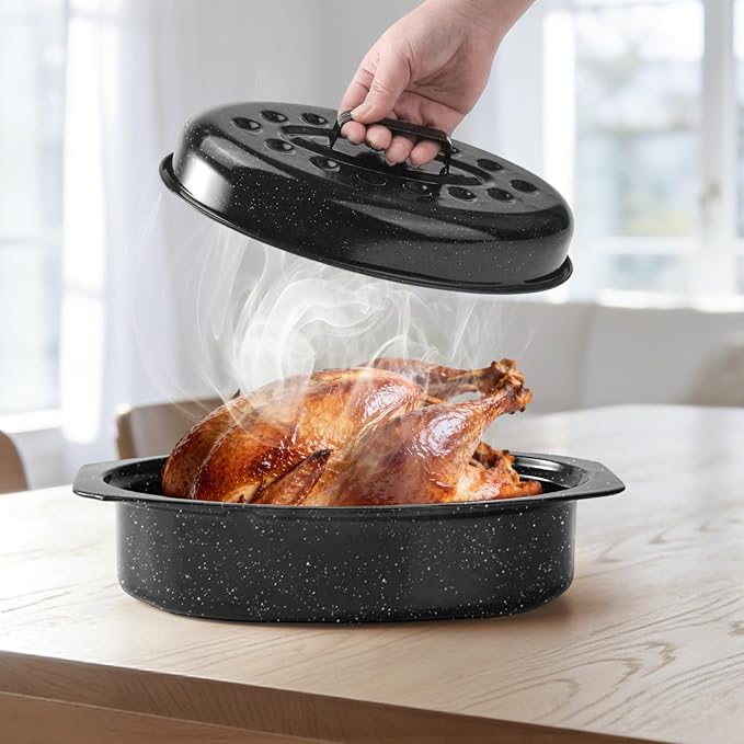 13" Roasting Pans for Ovens Porcelain Enameled Steel Oval Roaster Pan with Domed Lid for Small Turkey, Chicken, Vegetable, Lamb, Sourdough Bread