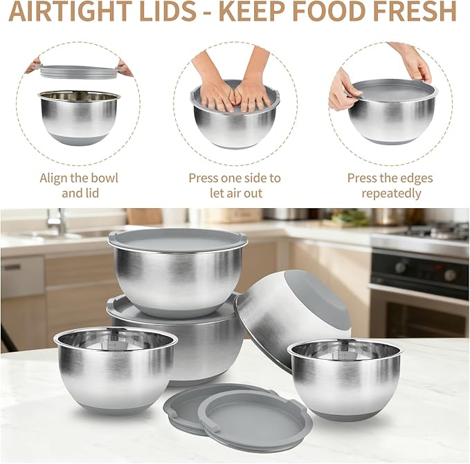 Deedro Premium Mixing Bowls with Airtight Lids Set, 22Pcs Thicker Stainless Steel Mixing Bowl Set, Large Prep Metal Bowls, Non-Slip Silicone Base Nesting Bowls for Kitchen, 1.5/2/3/4/5 QT, Gray