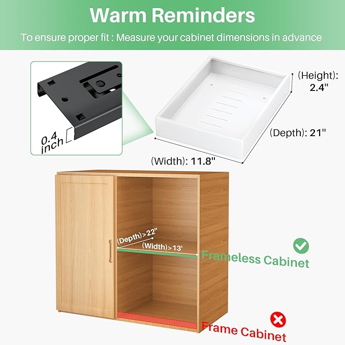 Pull out Cabinet Organizer, 21"Deep, 11.8"Wide Full-Extension Heavy Duty Slide out Drawers with Nano Adhesive, Roll Out Shelves Sliding Cabinet for Kitchen, Bathroom, Pantry,Under Sink Storage(White)