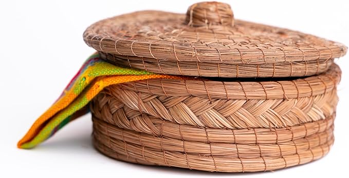 Authentic Mexican Tortilla Warmer Basket - Pine Needle Handwoven with Handloomed Cloth (Natural 8" w cloth)