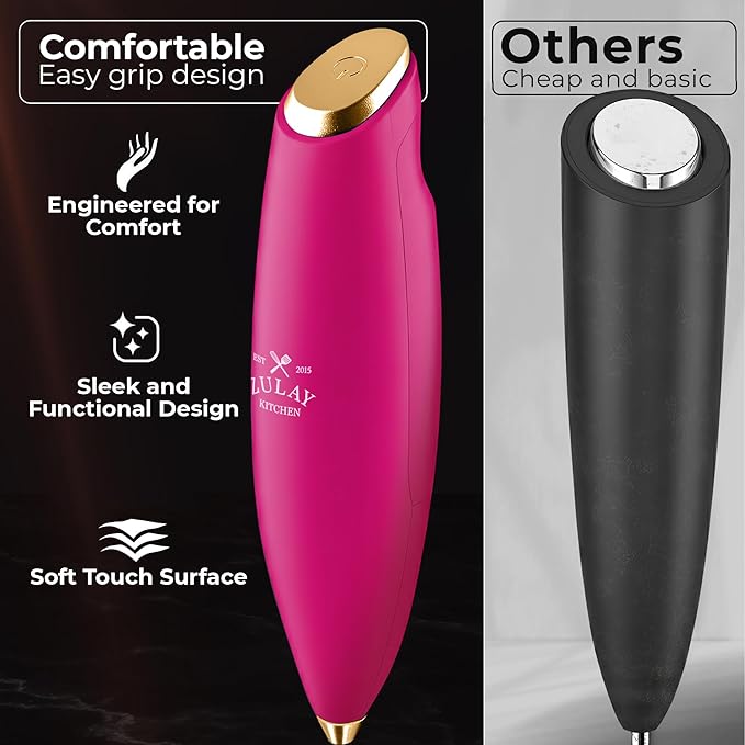 Zulay Kitchen Patented Tornado Triple Whisk Milk Frother with 4 Duracell Batteries – Handheld Foam Maker for Coffee, Lattes, Matcha & Hot Chocolate – Rich, Creamy Froth in Seconds - Pink & Gold