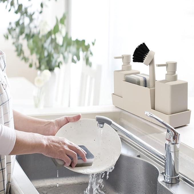 Kitchen Soap Dispenser with Sponge Holder Set for Sink Caddy, Hand Soap and Dish Soap Dispenser with Brush Matte Beige