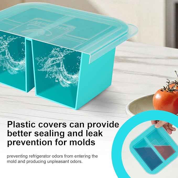 Silicone Freezer Tray with Lid 4 Pack Silicone Freezer Molds Ice Cube Tray Makes 8 Perfect 1 Cup Portions Soup Cubes Meal Prep Containers- Oven & Dishwasher Safe