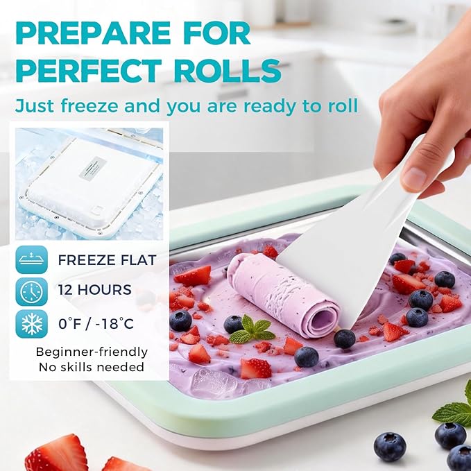 Rolled Ice Cream Maker with Quick Start Guide - DIY Instant Ice Cream Tray Kit, Includes 2 Scrapers for Manual Homemade Ice Cream Rolls, Frozen Yogurt, Sorbets & Slushies, No Electricity Needed（green）