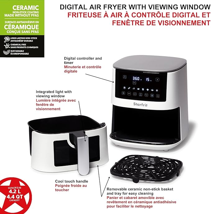 Starfrit Electric Digital Air Fryer - 4.2L Capacity - Ceramic Non-Stick Surface - 8 Preset Functions - Viewing Window -1400W