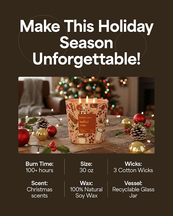 Hidden Label Mulled Wine Scented Candle for Home, 30oz Large 3 Wick Soy Candle, 100H Long Lasting, Cinnamon Orange Clove, Non-Toxic Clean Burn, Christmas Winter Gifts for Women, Holiday Gift