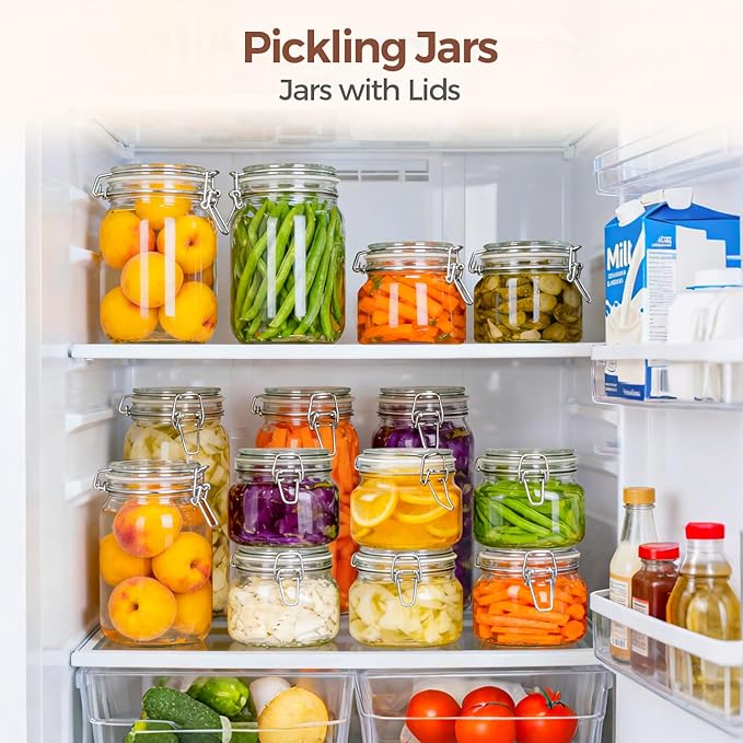 ComSaf Set of 6 Square Glass Jars with Airtight Wire Clamp Lids (17 Oz), Wide Mouth Pantry Canisters for Overnight Oats, Jam, Pickling, Spice Storage, Gifts