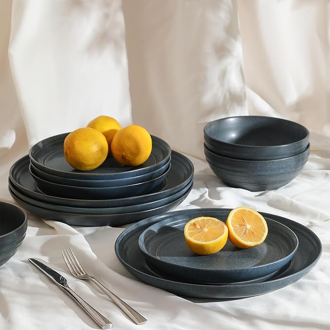 Stone Lain Elio 12-Piece Dinnerware Set Stoneware, Plates and Bowls Set, Dish Set for 4, Blue