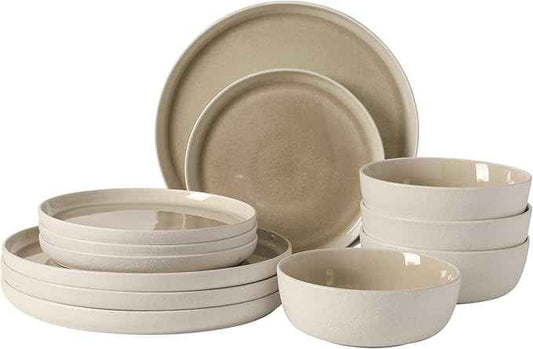 Gibson Elite Tahoe Sunset 12-Piece Reactive Stoneware Dinnerware Set – Matte Exterior & Shiny Interior Plates and Bowls, Durable Everyday Dish Set, Microwave & Dishwasher Safe - Taupe