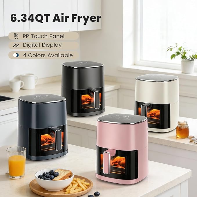 Air Fryer, 6QT Square Airfryer with Visual Window, 400°F Fast Heating Air Fryers Oven with Timer, Auto-Off, Non Toxic & Non Stick, Multiple 12 Modes for Roast, Bake, Dehydrate, Fry, Reheat