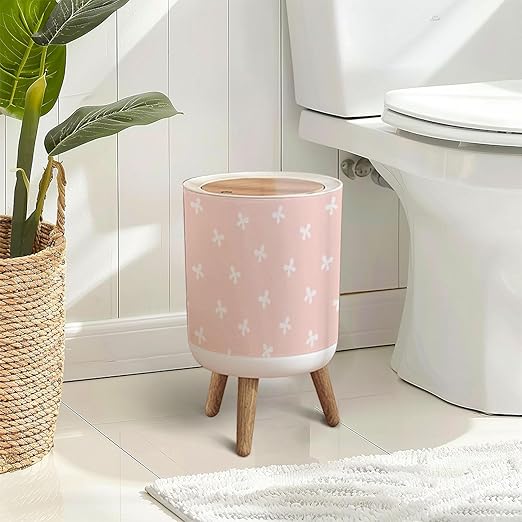 Trash Can with Lid White Bows Pink Repeat Seamless Press Top Round Small Garbage Bin with Wooden Legs Waste Basket for Kitchen Bedroom Nursery 7L/1.8 Gallon