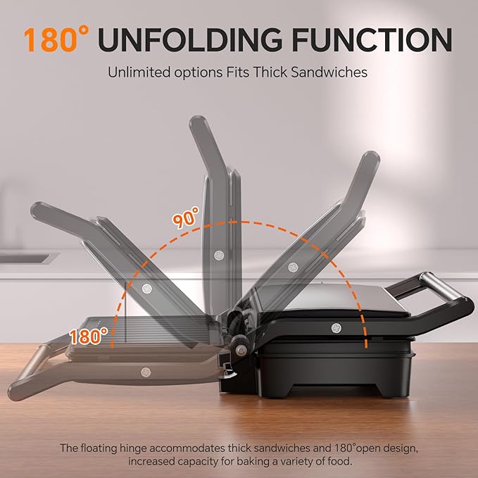 Panini Press Grill, 1000W Sandwich Maker with Non-Stick Coated Plates, Opens 180 Degrees for Any Size of Food, 3-in-1 Sandwich Press Electric Grill, Stainless Steel Surface and Removable Drip Tray