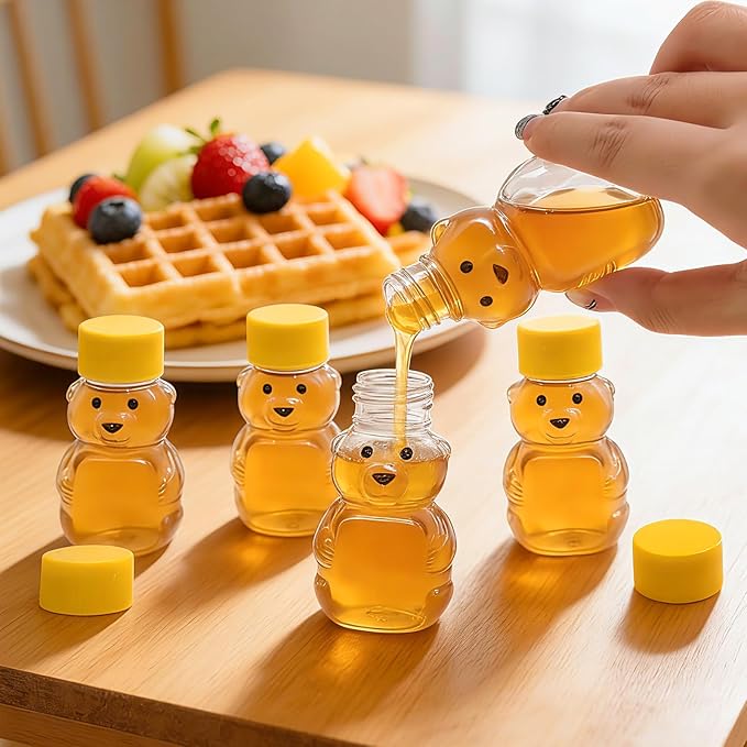 36 Pcs Honey Bear Bottle, 2oz Plastic Honey Squeeze Bottle Honeybear Squeeze Jars, Cute Mini Empty Container with Yellow Flip-top Lid for Syrup Sauce Juice Storing and Dispensing