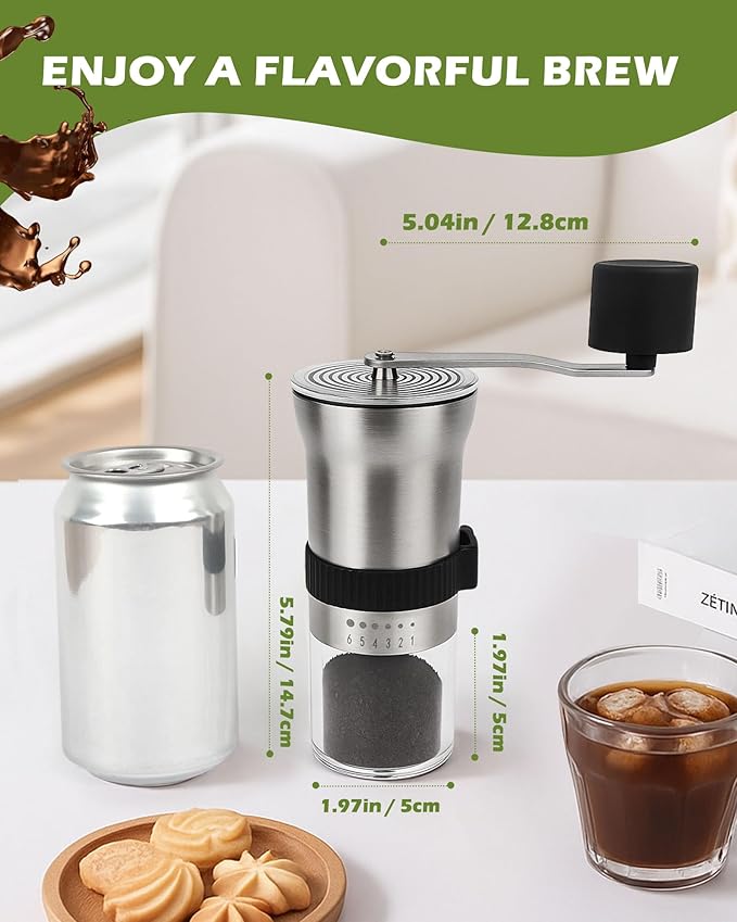 Manual Coffee Grinder with Ceramic Burr, 1.12oz Capacity Handheld Mill for Espresso, Drip, French Press, Cold Brew,with 6 Adjustable Settings & Quiet & Portable Coffee Bean Grinder for Home Use