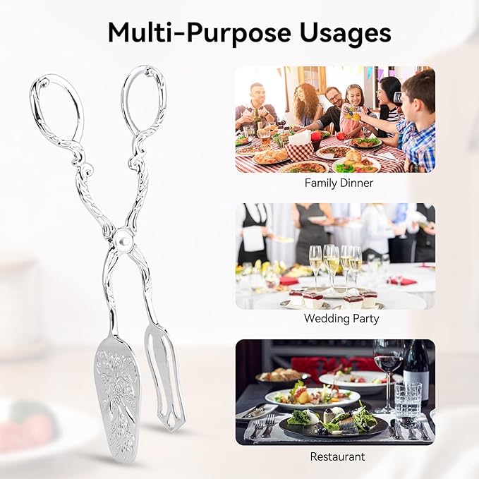 9in Vintage Salad Tong for Serving, Zinc Alloy Silver Food Serving Tongs Salad Steak Clip Buffet Tongs for Buffet Catering Bread BBQ, 8.5x4.5in