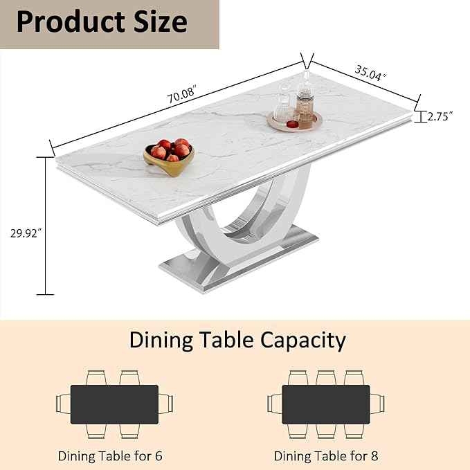 AF ARTISAN FURNITURE Marble Dining Table for 4-8,White Faux Marble Dining Tables with Silver U-Shaped Mirrored Finish Stainless Steel Base, Marble Kitchen Table for Living Room Home Office
