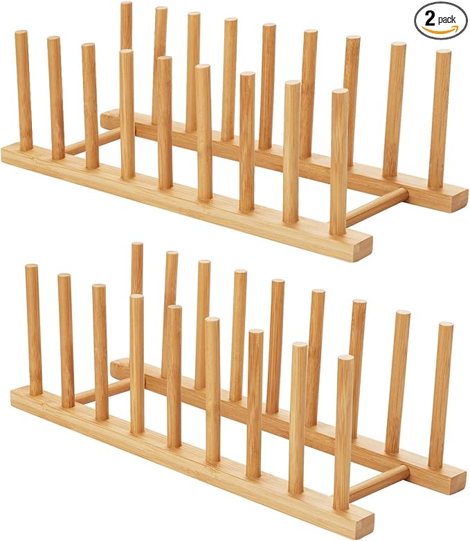HBlife 2pcs Bamboo Dish Plate Bowl Cup Book Pot Lid Cutting Board Drying Rack Stand Drainer Storage Holder Organizer Kitchen Cabinet（Keep Dry）