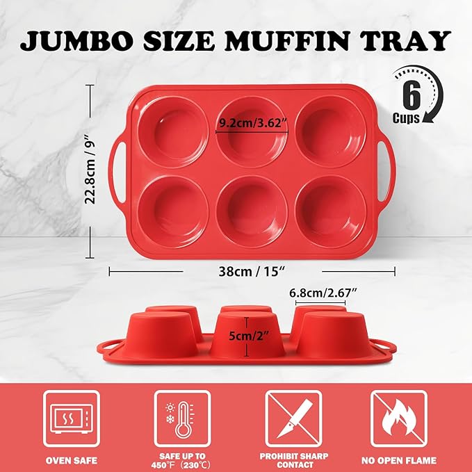 2 Pack Jumbo Silicone Muffin Pan with Metal Frame, Non-stick Large Silicone Cupcake Pan with Handles 6 Cup, Silicon Muffin Tin Tray for baking, egg bites, Cupcake Mold, BPA Free Red