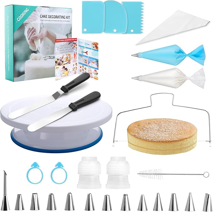 BEWOS 80 PCs Cake Decorating Kit With Cake Turntable - Include 50 Disposable + 4 Reuseable Piping Bags, 13 Icing Piping Tips, Cake Leveler, 2 Spatulas, 3 Icing Scraper, Cake Decorating Tools