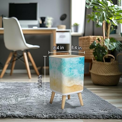 Small Trash Can with Lid Abstract Beach Sea Summer Grunge Background Wave Sand Pastel Crayon Wastebasket with Press Cover Dog Proof Garbage Can Waste Bin for Kitchen Bathroom Nursery 2.6 Gallon