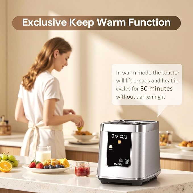 Mecity Motorized Toaster 2 Slice with Touch Screen, Stainless Steel Smart Toaster, 8 Bread Types, 5 Shade Levels, 1200W High Power, Keep Warm Mode, Reheat Defrost Functions, 120V