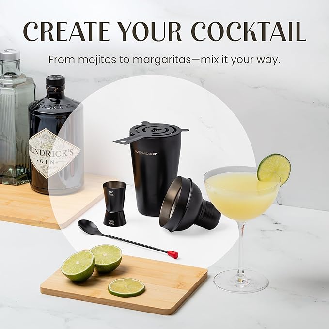 Modern Mixology Cocktail Shaker Set - Bartender Kit with Pine Stand | Leak-Proof Design | Includes Martini Shaker, Jigger, Strainer, Spoon, Tongs | Perfect Bar Tools Gift for Home Mixology (Black)