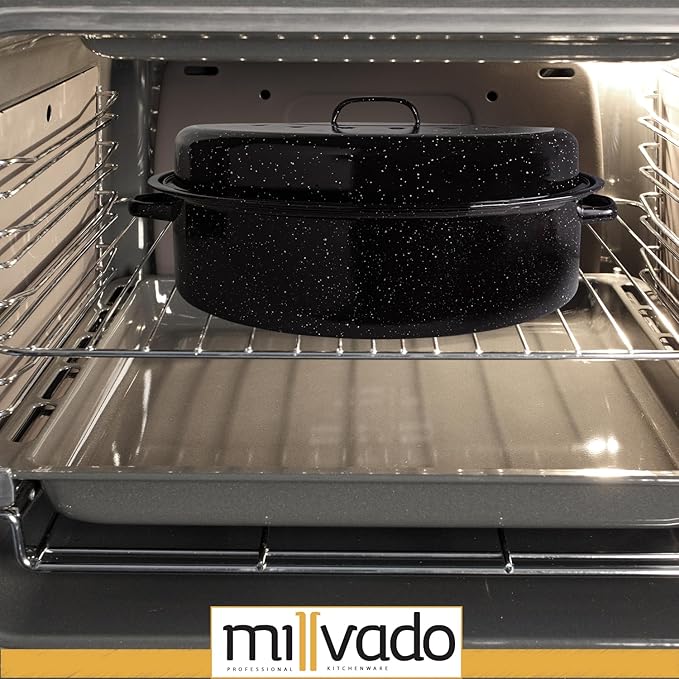 Millvado Roasting Pan With Lid, Thanksgiving Turkey Roaster Pan, Extra Large 20 lb Capacity, 19" Granite Oven Roaster Oval Shaped Speckled Enamel on Steel Cookware,for Roasting Turkey, Chicken, Lamb