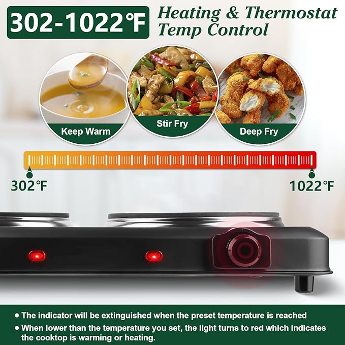Electric Countertop Double Burner, 1800W Cooktop with Glass Hot Plate, Stepless Temperature Control, Easy to Clean, Indicator Lights, Compatible Cooking Stove for Office Home Camping RV