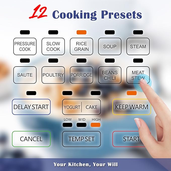 Fullwill 6QT Electric Pressure Cooker, 9-in-1 Multi-Use Programmable Pressure Cooker with Slow Cook, Rice Cook, Steamer, Sauté, Yogurt Maker, Food Warmer, Foodie Helper