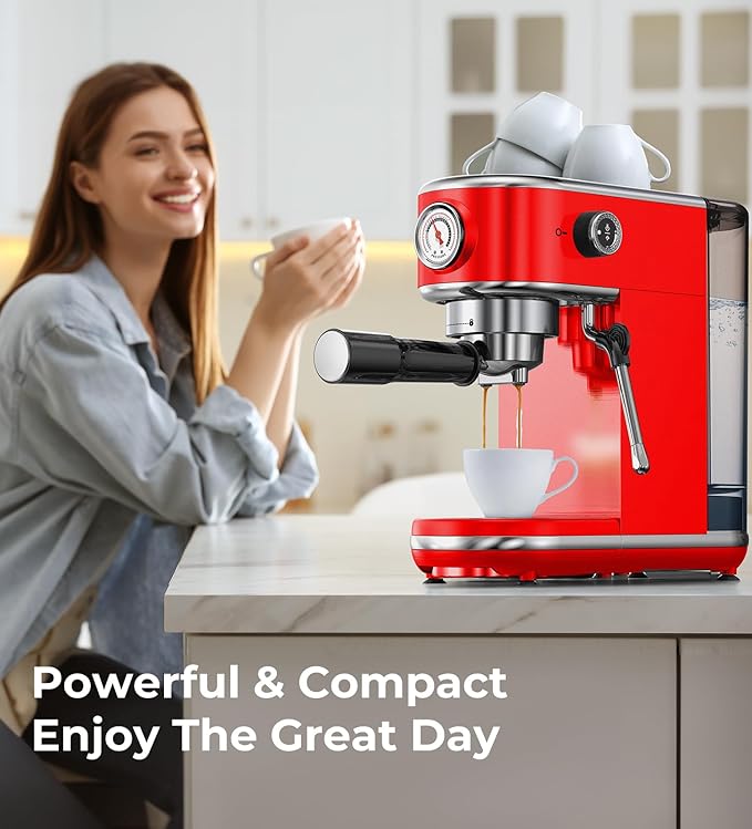 atatix 20 Bar Espresso Machine with Milk Frother, Compact Espresso Maker, Stainless Steel Coffee Machine with Precise Temp Control & 44oz Removable Water Tank for Latte, Cappuccino, Red