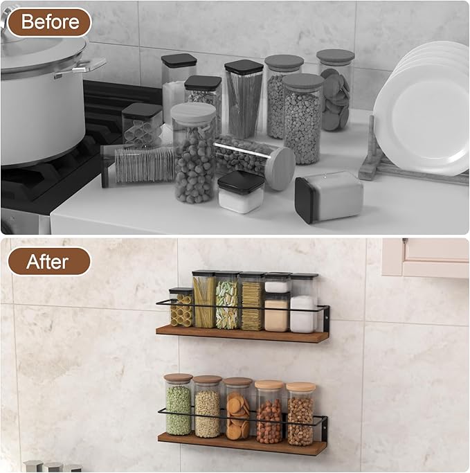Spice Rack Self-Adhesive or drilling, Rustic Style Hanging Spice Rack, Spice Organization for Cabinet Door or Wall Mount, Over The Stove, Kitchen Wall, 6-Pack