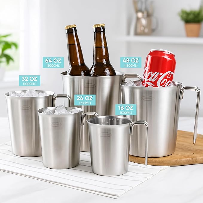 Newness 3-Pack Stainless Steel Measuring Cups Set, (3 Marking Including Cup/ML/Oz Scale) (2, 3 & 4 Cup) Metal Measuring Cup with Handle For Prepping, Baking and Cooking, Dishwasher, Microwave Safe