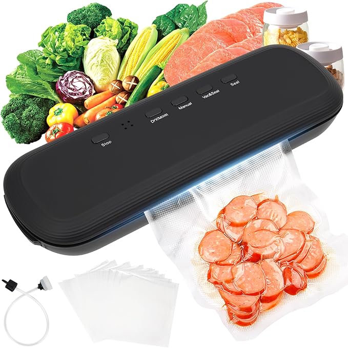Vacuum Sealer Machine, Food Vacuum Sealer Machine with Build-in Cutter, Compact Design with External Vacuum System with 10 Seal Bags Kit, Dry Moist Fresh Modes (Black)