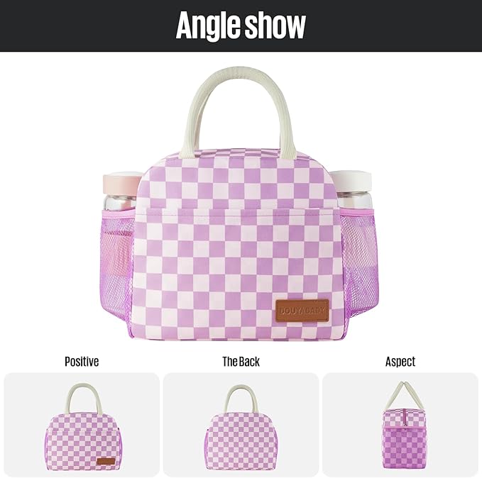 douyadady Lunch Bag Women/Men Lunch Box Women/Men (Purple+Pink Checkerboard)