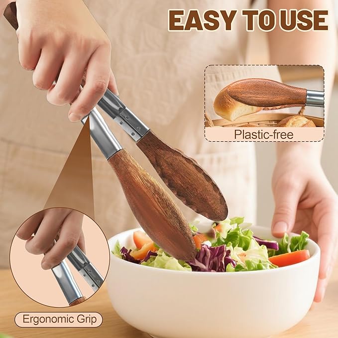 Wooden Tongs for Cooking, Multi-Purpose for Tossing Salads, Grilling, Flipping Food & Serving Bread - Strong Grip Walnut Wood Tips, Heat Resistant & Non-Deforming (9 inch)
