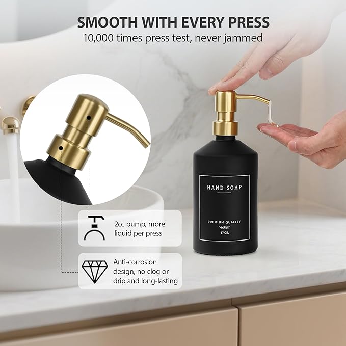 Black Glass Kitchen Hand and Dish Soap Dispenser Set, Bathroom Soap Dispenser Set with Tray and Stainless Steel Pump, Gold Kitchen Accessories (Black Bottle/Gold Pump)