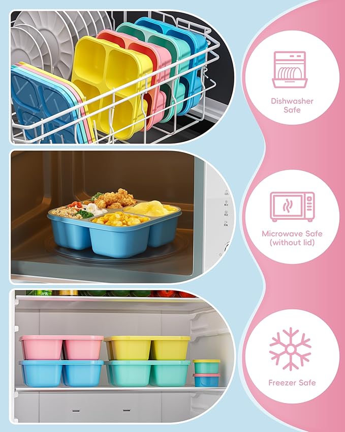Canfanni 4 Pcs Snack Box Containers Set, Reusable 4 Compartment Lunchable Container with 2Pcs Sauce Containers, Stackable BPA-Free Bento Box for School, Work, Travel (4 Color)