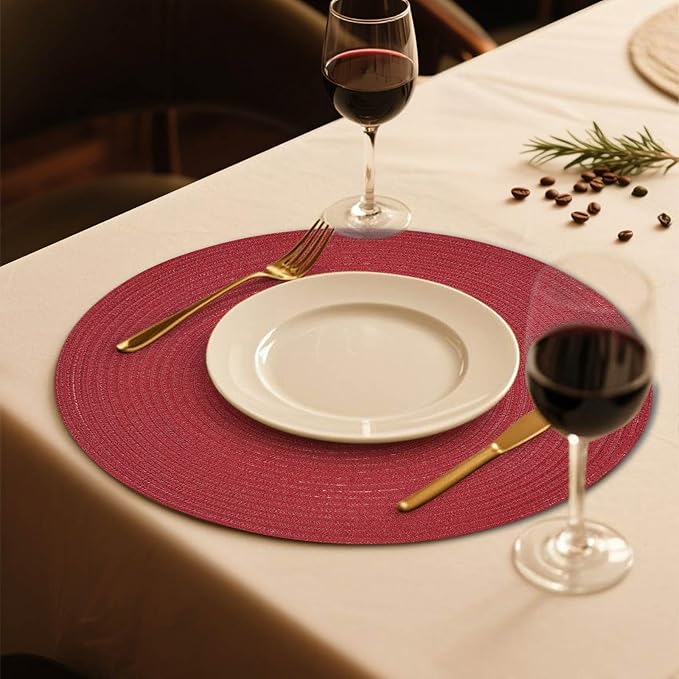 FunWheat Round Braided Placemats Set of 4 Place mats for Dining Tables Woven Heat Resistant Table Mats 15 inch (Wine,4pcs)