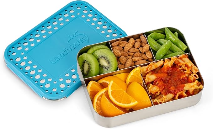 LunchBots Large Cinco Stainless Steel Lunch Container - Five Section Design Holds a Variety of Foods - Metal Bento Box for Kids or Adults - Dishwasher Safe - Stainless Lid - Aqua Dots
