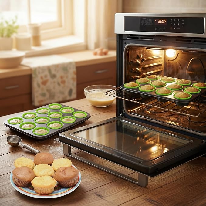 2 Set 12-cup Non Stick Carbon Steel Muffin Pan for Baking with 24 Reusable Silicone Liners, Non Toxic Cupcake Pan Muffin Tin for Easter Wedding Brownies Egg Bite, Easy to Pop(Green)